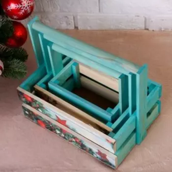 Набор кашпо деревянных "Новогодний №4" 3 в 1, МАССИВ СОСНЫ, деревянная ручка, бирюза