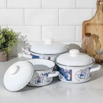 Набор кастрюль Доляна Flowers, 3 предмета: 1,5 л, 2 л, 3 л, индукция, цвет белый