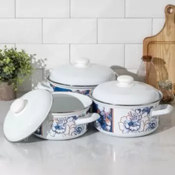 Набор кастрюль Доляна Flowers, 3 предмета: 2 л, 3 л, 4,5 л, индукция, цвет белый