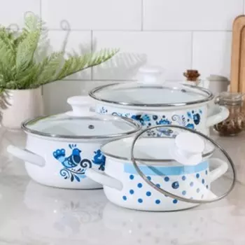 Набор кастрюль Доляна «Свиристель», 3 предмета: 1,5 л, 2 л, 3 л, крышки, индукция, цвет белый