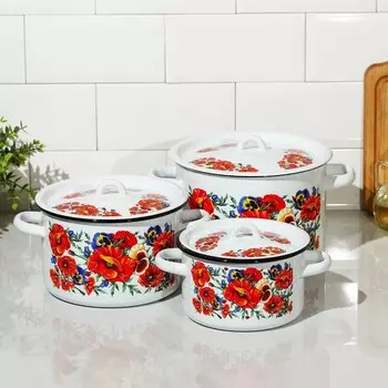 Набор кастрюль эмалированных «Маки. Мечта», 3 предмета: 1.5 л, 2.9 л, 4.5 л, белый