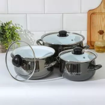 Набор эмалированных кастрюль «Металлик», 3 предмета: 2,1 л, 3,1 л, 4 л, стеклянная крышка, индукция, цвет чёрный