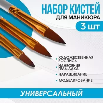 Набор кистей для наращивания и дизайна ногтей, лепесток, 3 шт, 17 см, прозрачный, золотистый