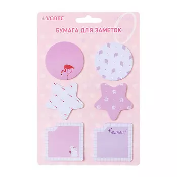 Набор клейкой бумаги для заметок "deVENTE. Flamingo&Rabbit" бумажные 45x45 мм, 6x20 листов, офсет 80 г/м, ассорти форм, 6 дизайнов, в картонном блистере и пластиковом пакете с европодвесом