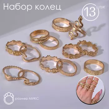 Набор колец 13 штук «Ассорти» цветы, змея, размер МИКС, цвет золото