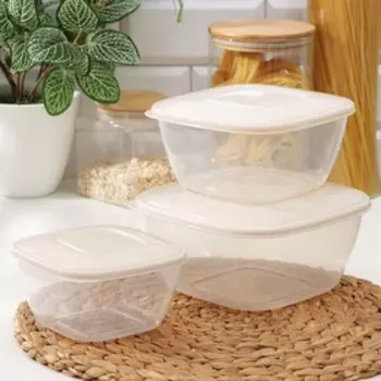 Набор контейнеров пищевых, 3 шт: 0,8 л, 1,2 л, 2 л, квадратные, цвет бежевый