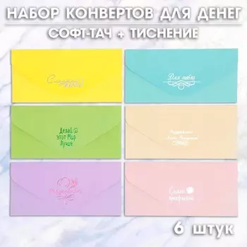 Набор конвертов для денег, 6 штук, софт тач, тиснение, 919 см
