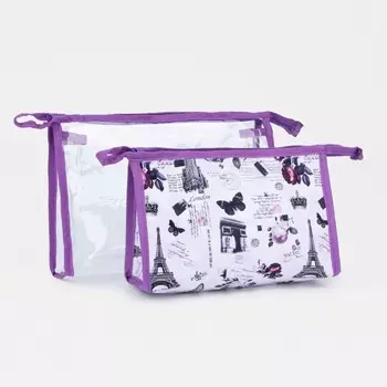 Набор простых косметичек 2 в 1, с ручкой, с принтом «Романтика городов», сиреневый