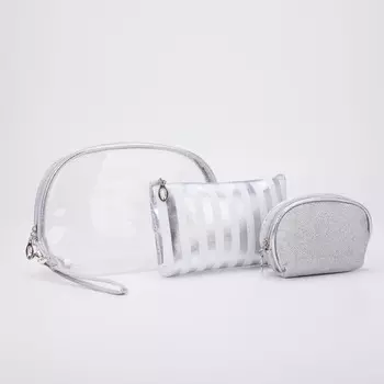 Набор косметичек 3 в 1 на молниях, цвет белый/серебристый