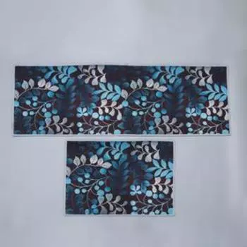 Набор ковриков для ванной и туалета Доляна «Лепестки», 2 шт: 40×60, 45×120 см, цвет синий