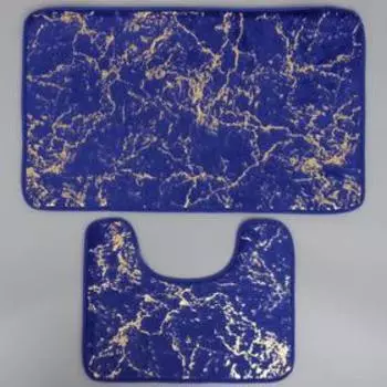 Набор ковриков для ванны и туалета Доляна «Мрамор», 2 шт: 40×50, 50×80 см, цвет синий