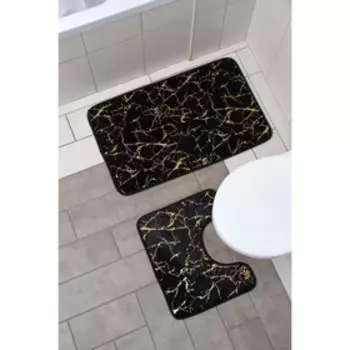 Коврики для ванной и туалета Доляна «Мрамор», 2 шт: 7950 см, 5039 см, цвет чёрный
