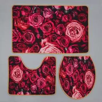 Набор ковриков для ванной и туалета Доляна «Розы», 3 шт: 50×80, 50×40, 40×43 см