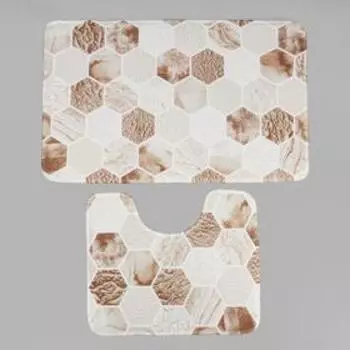 Набор ковриков для ванной и туалета Доляна «Соты», 2 шт: 7950, 5039 см, цвет коричнево-бежевый