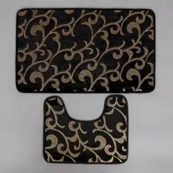 Набор ковриков для ванной и туалета Доляна «Вензель», 2 шт: 40×50, 50×80 см, цвет чёрный