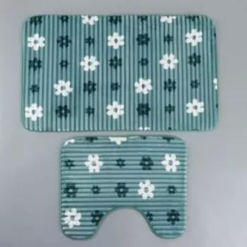 Набор ковриков для ванны и туалета «Ромашки», 2 шт: 50×80, 40×50 см, цвет синий