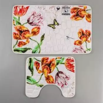 Набор ковриков для ванны и туалета «Тюльпаны на гальке», 2 шт: 80×49,5, 40×49,5 см