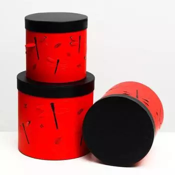 Набор круглых коробок 3 в 1, "Красная стрекоза", 19.5 x 19 - 15.5 x 15 см