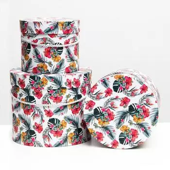 Набор круглых коробок 3 в 1 "Разноцветные цветы", 23 x 19.5 - 17 x 14 см