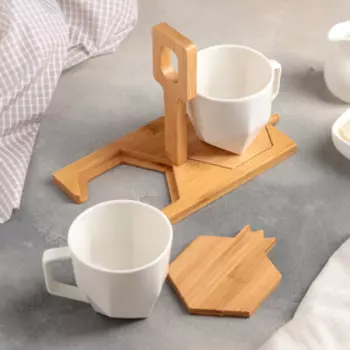 Набор кружек Доляна «Гранат», 2 шт, 220 мл, на деревянной подставке