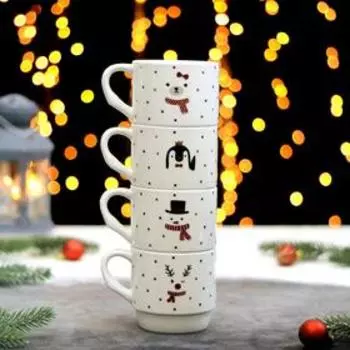 Набор кружек Доляна «Новогодние гости», 340 мл, 4 шт, на металлической подставке