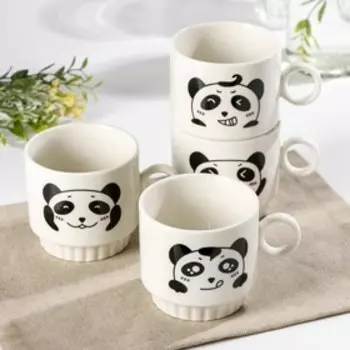 Набор кружек керамических на металлической подставке Доляна «Панда», 4 предмета: 220 мл, цвет белый