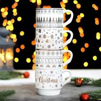 Набор кружек Доляна «Золотой звон», 340 мл, 4 шт, на металлической подставке