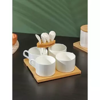 Набор кружек керамический на подставке из бамбука BellaTenero, 9 предметов: 4 кружки 150 мл, 4 ложки, подставка, белый