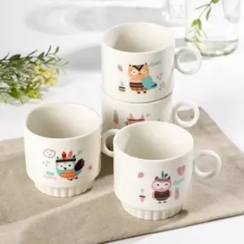 Набор кружек керамических на металлической подставке Доляна «Совы», 4 предмета: 200 мл, рисунок МИКС