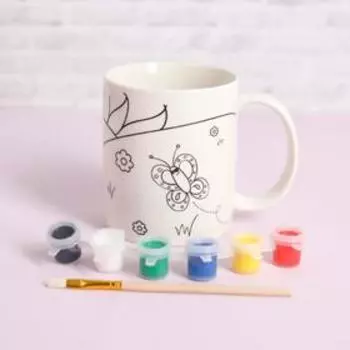 Набор кружка под раскраску «Бабочки» краска 6 цв по 2 мл, кисть