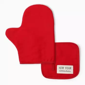 Набор кухонный "Этель" New year collection, цвет красный, варежка-прихватка 18х29 см,прихватка 19х19 см