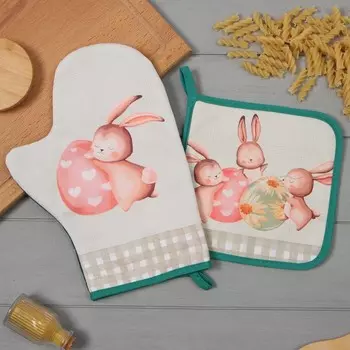 Набор кухонный «Этель. Пасхальный кролик»: варежка-прихватка 2028 см, прихватка 1919 см,100% хлопок