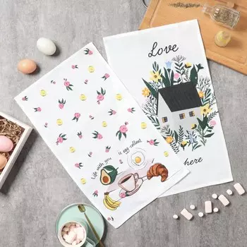 Набор полотенец кухонных «Доляна» Love, 2846 см - 2 шт., рогожка, хлопок 100%, 160 г/м