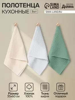 Набор кухонных полотенец «Доляна»: серое, бежевое, зелёное, 3560 см - 3 шт., хлопок 100%