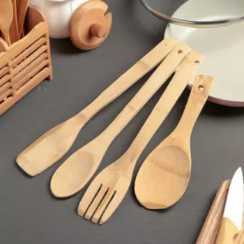 Набор кухонных принадлежностей Доляна «Дуновение леса», 4 предмета на подставке: 2 лопатки, 2 ложки