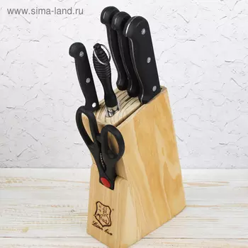 Набор кухонный, 6 предметов на подставке; ножи 10 см, 14,5 см, 17 см, 18 см, мусат, ножницы, цвет чёрный