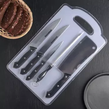 Набор кухонный, 6 предметов: ножи 10 см, 15 см, 15 см, 17,5 см, ножеточка, доска 38×22 см, цвет чёрный