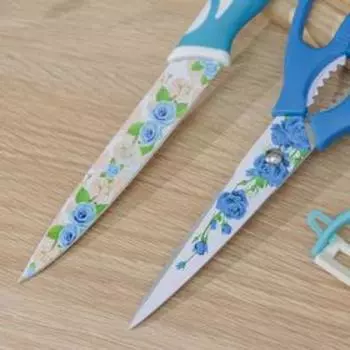 Набор кухонный «Цветение», 3 предмета: нож 12,5 см, ножницы, овощечистка, цвет голубой