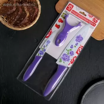 Набор кухонных принадлежностей Доляна «Нарцисс», 3 предмета: нож 2 шт., овощечистка, нержавеющая сталь, фиолетовый