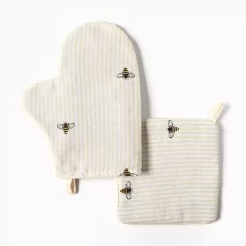 Набор кухонный Доляна «Пчёлки»: варежка 2027 см, прихватка 1919 см, рогожка 164 г/м, 100% хлопок