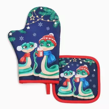 Набор кухонный Доляна «Теплых объятий»: прихватка 1717 см, Варежка-прихватка новогодняя 2028 см, 35% хлопок