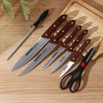 Набор кухонный на подставке, 7 предметов: ножи 19 см, 23 см, 21 см, 31 см, 31 см, ножницы 21, мусат, цвет коричневый