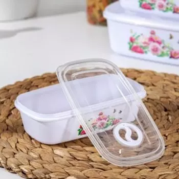 Контейнеры для еды с клапаном Доляна «Розы», набор 4 шт: 400 мл, 650 мл, 1 л, 1,5 л, пластик, белые