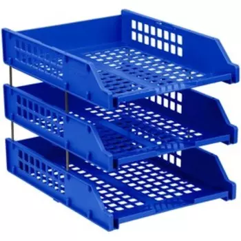 Набор лотков для бумаг горизонтальных, STRONG 3 штуки, на металлических стержнях, синий