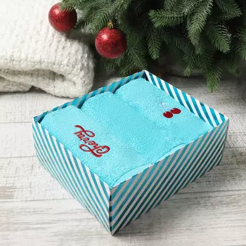Полотенца махровые «Этель» Cherry, 3 шт., 3060 см, хлопок 100%, голубые