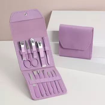 Набор маникюрный, 12 предметов, в футляре, сиреневый
