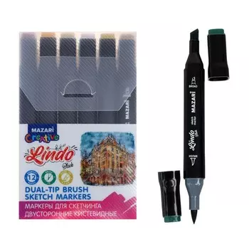 Набор маркеров худож Mazari LINDO BLACK,12цв., Forest colors (2ст:кистев1.0/клинов6.2)