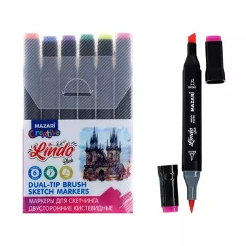 Набор маркеров худож Mazari LINDO BLACK 6цв. Fluorescent colors (2ст:кистев1.0./клинов6.2)