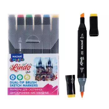 Набор маркеров худож Mazari LINDO BLACK,6цв., Main colors (2ст:кистев1.0./клинов6.2)