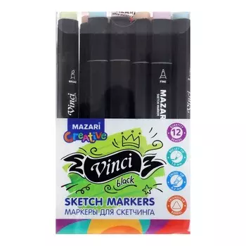 Набор маркеров худож Mazari VINCI BLACK, 12цв., Pastel colors (2ст:пулев1.0./клинов6.2)